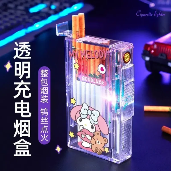 Hellokitty Cartoon Cigarette Case Kawaii Fine Smoke Transparent Anime Print Usb Charge Tungsten Cigarette Lighter Box All-In-One - Image 2